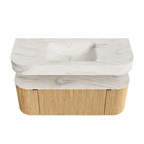 MONDIAZ THOR-DLUX 120cm badmeubel ronding links + rechts kleur Oak met 1 lade en 2 deuren. Vrijhangende wastafel CLOUD Midden 1 kraangat kleur Ostra. SW1463198