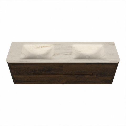 Mondiaz CIRO-DLUX Ensemble de meubles de salle de bains - 160x45x50cm - Plan vasque Solid surface Meli - 2 vasques Double - 2 trous de robinetterie - 4 tiroirs - Noyer SW1530529