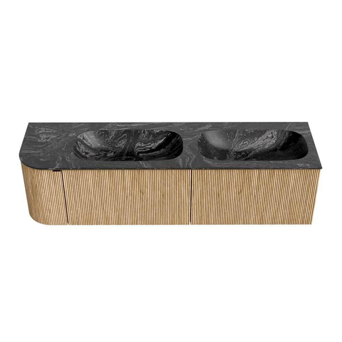 MONDIAZ KURVE-DLUX meuble de salle de bains 165 cm avec module 25 L couleur Chêne avec 2 tiroirs et 1 porte. Lavabo STOR SMALL double / à droite 2 trous de robinet couleur Lava. SW1137201