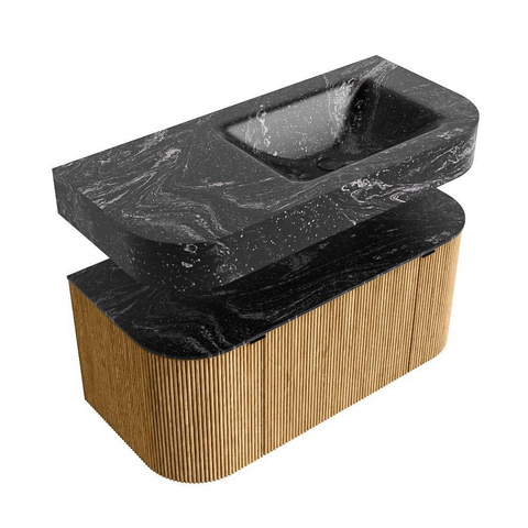 MONDIAZ THOR-DLUX 100cm meuble de salle de bains arrondi gauche + droite couleur Chêne avec 1 tiroir et 2 portes. Vasque suspendue CLOUD Droite sans trou de robinet couleur Lava. SW1467314