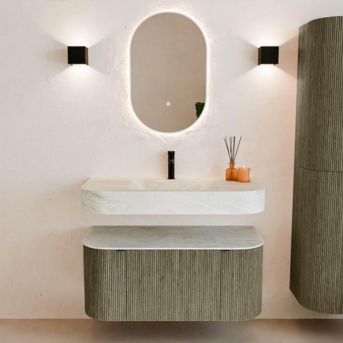 MONDIAZ THOR-DLUX Meuble de salle de bains - 100cm - arrondi gauche + droite - couleur Shadow - 1 tiroir - 2 portes - Vasque suspendue CLOUD Milieu 1 trou de robinet couleur Opalo SW1467522