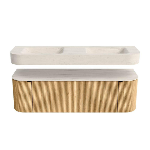 MONDIAZ THOR-DLUX 150cm meuble de salle de bains arrondi gauche + droite couleur Chêne avec 1 tiroir et 2 portes. Vasque suspendue CLOUD Double 2 trous de robinet couleur Meli. SW1464741