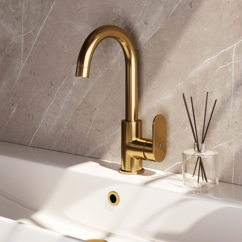 Brauer Gold - Édition Ensemble de robinet mélangeur à poser - haut - pivotant - bec rond - modèle C - PVD - or brossé SW547729