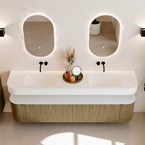 MONDIAZ THOR 200cm meuble de salle de bains arrondi gauche + droite couleur Dusk avec 2 tiroirs et 2 portes. Vasque suspendue CLOUD Double sans trou de robinet couleur Talc. SW1466843