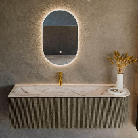 MONDIAZ KURVE-DLUX Meuble de salle de bains 145cm arrondi à droite couleur Shadow avec 1 tiroir et 1 porte. Lavabo BIG LARGE à gauche 1 trou de robinet Nata. SW1432304