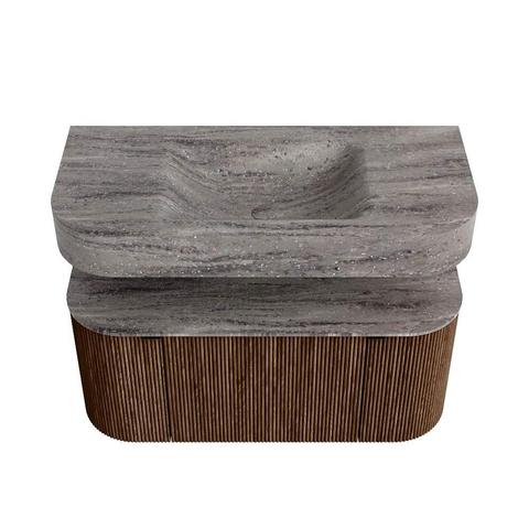 MONDIAZ THOR-DLUX 100cm meuble de salle de bains arrondi gauche + droite couleur Walnut avec 1 tiroir et 2 portes. Vasque suspendue CLOUD Milieu sans trou de robinet couleur Oza. SW1467574