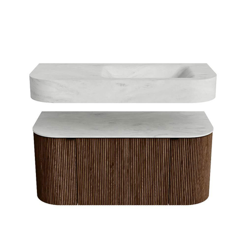 MONDIAZ THOR-DLUX 100cm meuble de salle de bains arrondi gauche + droite couleur Walnut avec 1 tiroir et 2 portes. Vasque suspendue CLOUD Droite sans trou de robinet couleur Opalo. SW1467369