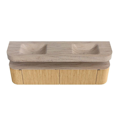 MONDIAZ THOR-DLUX Meuble de salle de bains 190cm arrondi gauche + droite couleur Oak avec 2 tiroirs et 2 portes. Vasque suspendue CLOUD Double 2 trous de robinet couleur Saba. SW1466650