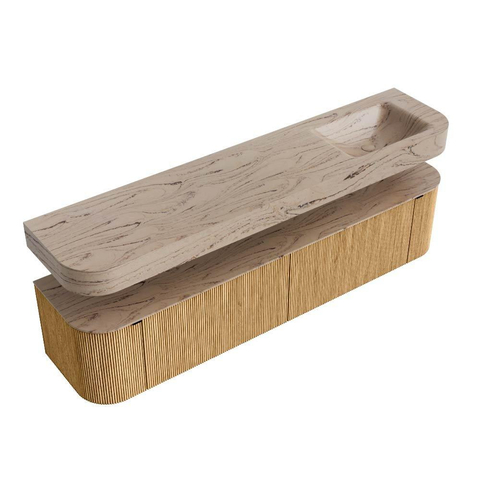 MONDIAZ THOR-DLUX 200cm meuble de salle de bains arrondi gauche + droite couleur Chêne avec 2 tiroirs et 2 portes. Vasque suspendue CLOUD Droite sans trou de robinet couleur Arena. SW1467059
