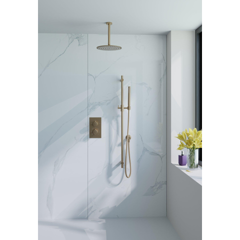 Fortifura Calvi Inbouw Regendoucheset - thermostatisch - plafondarm - glijstang - 30cm - hoofddouche - staaf handdouche - gladde doucheslang - PVD - geborsteld messing (goud) SW1412122