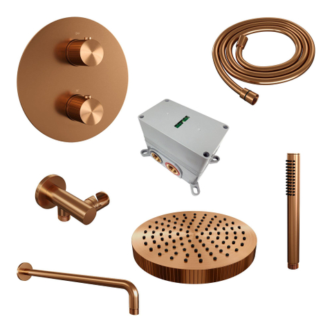 BRAUER Stripe Thermostatische Inbouw Regendouche - 3-weg - rond - SET 38 - 25cm douchekop - gebogen muurarm - staaf handdouche - doucheslang - wandaansluitbocht - koper geborsteld PVD SW1434937