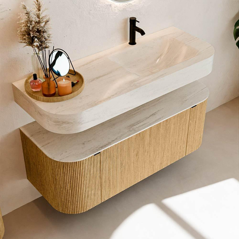 MONDIAZ THOR-DLUX 120cm meuble de salle de bains arrondi gauche + droite couleur Oak avec 1 tiroir et 2 portes. Vasque suspendue CLOUD droite 1 trou de robinet couleur Meli. SW1463320