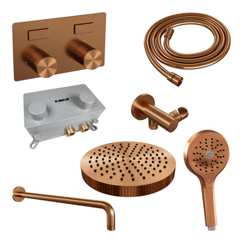 BRAUER Stripe Douche de pluie encastrée thermostatique - boutons-poussoirs - pomme de douche 25 cm - bras mural courbé - douchette 3 jets - flexible de douche - coude de raccordement mural - cuivre brossé PVD SW1435210