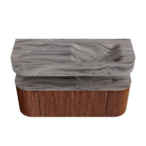 MONDIAZ THOR-DLUX 120cm meuble de salle de bains arrondi gauche + droite couleur Ruby avec 1 tiroir et 2 portes. Vasque suspendue CLOUD Droite 1 trou de robinet couleur Sombra. SW1463655