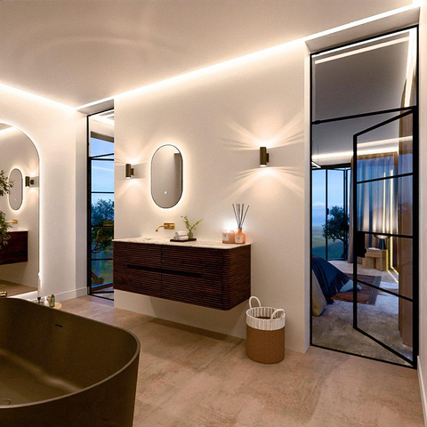 Mondiaz CIRO-DLUX Ensemble de meubles de salle de bains - 140x45x50cm - vasque solid surface Glace - 1 bassin à gauche - sans trous de robinet - 4 tiroirs - Noyer SW1530265