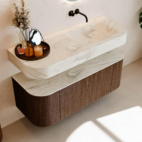 MONDIAZ THOR-DLUX 120cm badmeubel ronding links + rechts kleur Walnut met 1 lade en 2 deuren. Vrijhangende wastafel CLOUD Rechts zonder kraangat kleur Ostra. SW1463245