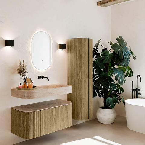 MONDIAZ THOR-DLUX 100cm meuble de salle de bains arrondi gauche + droite couleur Dusk avec 1 tiroir et 2 portes. Vasque suspendue CLOUD Droite sans trou de robinet couleur Saba. SW1467726