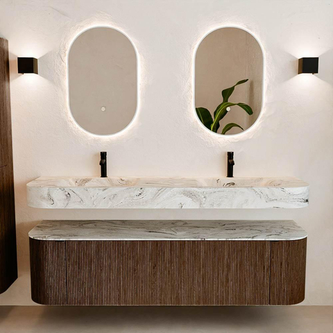 MONDIAZ THOR-DLUX 170cm meuble de salle de bains arrondi gauche + droite couleur Walnut avec 1 tiroir et 2 portes. Vasque suspendue CLOUD Double 2 trous de robinet couleur Glace. SW1465582