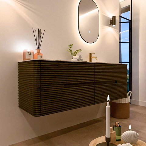 Mondiaz CIRO-DLUX Ensemble de meubles de salle de bains - 150x45x50cm - Plan-vasque en solid surface Meli - 1 bassin à droite - 1 trou de robinet - 4 tiroirs - Shadow SW1532528