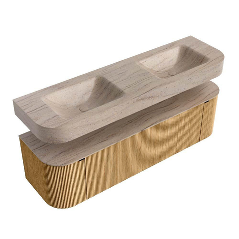 MONDIAZ THOR-DLUX 160cm meuble de salle de bains arrondi gauche + droite couleur Oak avec 1 tiroir et 2 portes. Vasque suspendue CLOUD Double sans trou de robinet couleur Saba. SW1467729