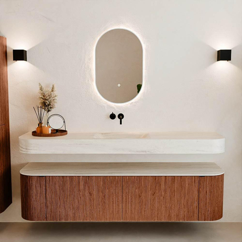 MONDIAZ THOR-DLUX 180cm meuble de salle de bains arrondi gauche + droite couleur Ruby avec 2 tiroirs et 2 portes. Vasque suspendue CLOUD Milieu sans trou de robinet couleur Meli. SW1466181