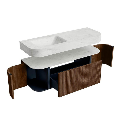 MONDIAZ THOR-DLUX 130cm badmeubel ronding links + rechts kleur Walnut met 1 lade en 2 deuren. Vrijhangende wastafel CLOUD Links 1 kraangat kleur Opalo. SW1463617