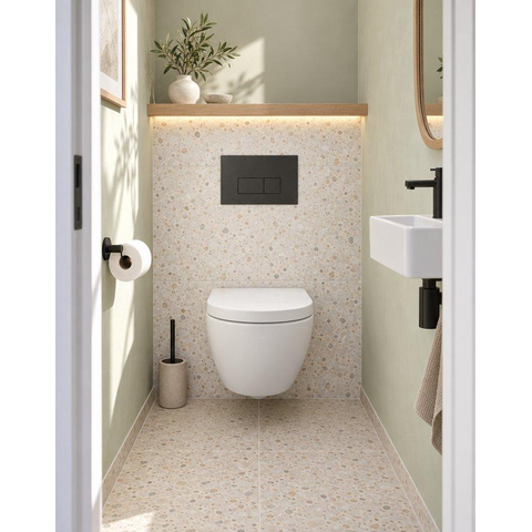 Pack WC QeramiQ Dely Swirl Compact - réservoir encastrable Geberit UP320 - avec bâti-support Burda - abattant 25 mm - plaque de commande en plastique anthracite mat - boutons rectangulaires - blanc brillant SW1592337