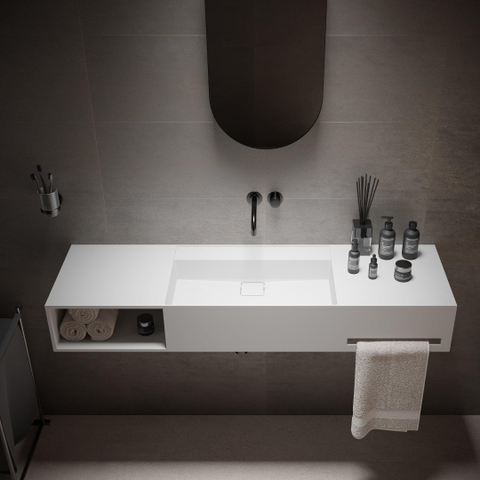 Ideavit Wastafel - 140x40x20cm - solid surface - afgeronde binnenhoeken - handdoekhouder rechts - opbergvak links - vierkante afvoerdekking - solid surface - mat wit SW1220459