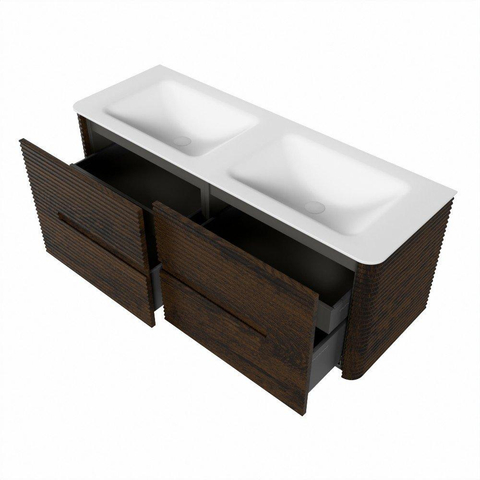 Mondiaz CIRO Ensemble de meuble de salle de bains - 130x45x50cm - Vasque solid surface Talc - 2 vasques double - 2 trous de robinet - 4 tiroirs - Noyer SW1533587
