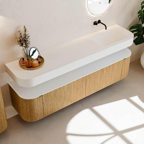 MONDIAZ THOR Meuble de salle de bains 190cm arrondi gauche + droite couleur Oak avec 2 tiroirs et 2 portes. Vasque suspendue CLOUD Droite sans trou de robinet couleur Talc. SW1466372