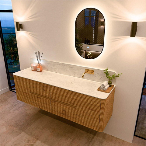 Mondiaz CIRO-DLUX Badkamermeubelset - 170x45x50cm - Solid surface wastafel Opalo - 1 wasbak Rechts - zonder kraangaten - 4 lades - Oak SW1533785