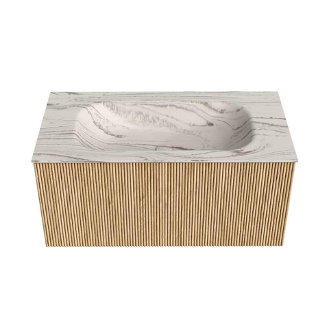 MONDIAZ KURVE-DLUX Meuble de salle de bains 90cm couleur Oak avec 1 tiroir et 0 porte. Lavabo BIG SMALL Centre 1 trou de robinet Nata. SW1432096
