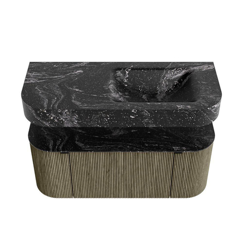 MONDIAZ THOR-DLUX 110cm meuble de salle de bains arrondi gauche + droite couleur Shadow avec 1 tiroir et 2 portes. Vasque suspendue CLOUD Droite 1 trou de robinet couleur Lava. SW1462879