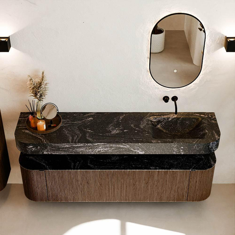 MONDIAZ THOR-DLUX 180cm badmeubel ronding links + rechts kleur Walnut met 2 lades en 2 deuren. Vrijhangende wastafel CLOUD Rechts zonder kraangat kleur Lava. SW1465955