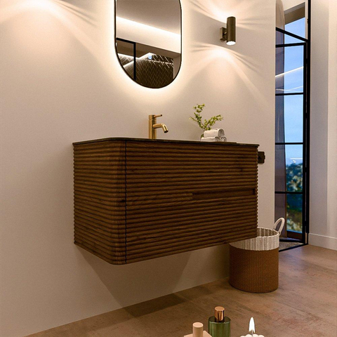 Mondiaz CIRO-DLUX Badkamermeubelset - 90x45x50cm - Solid surface wastafel Lava - 1 wasbak Midden - 1 kraangat - 2 lades - Dusk SW1533061