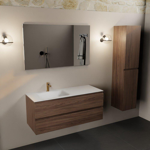 Mondiaz Aivy ensemble de meuble de salle de bains - 120x45x50cm - 1 trou de robinet - 1 vasque talc Solid surface - Gauche - 2 tiroirs - Avec miroir - Mélamine Mocha SW892423