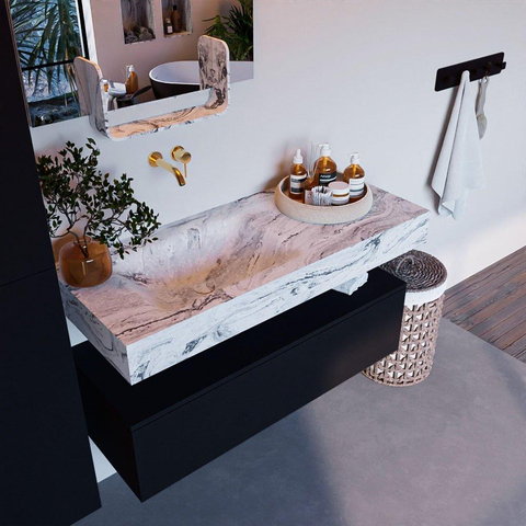 Mondiaz ALAN-DLUX Ensemble de meuble - 110cm - meuble Urban mat - 1 tiroir - Lavabo Cloud Glace suspendu - vasque Gauche - 0 trous de robinet SW805024