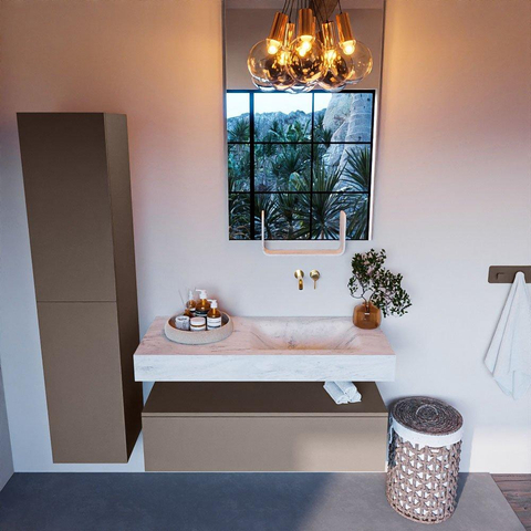 Mondiaz ALAN-DLUX Ensemble de meuble - 110cm - meuble Smoke mat - 1 tiroir - Lavabo Cloud Opalo suspendu - vasque Droite - 0 trous de robinet SW806471