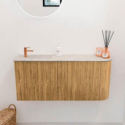 Mondiaz JOYA-DLUX 91.6cm toiletmeubel - ronding rechts kleur Oak - Wastafel FAYE positie Links 1 kraangat kleur Ostra. SW1422274