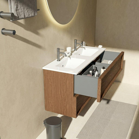 Saniclass Holz Frame Ensemble meuble de salle de bains - 120x45x62cm - Lavabo en céramique Vygo blanc - 2 vasques - 2 trous de robinetterie - 2 tiroirs - walnut pure mat (bois) SW1579940