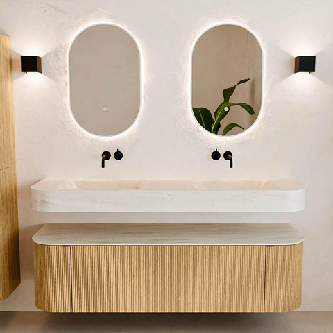 MONDIAZ THOR-DLUX 160cm meuble de salle de bains arrondi gauche + droite couleur Oak avec 1 tiroir et 2 portes. Vasque suspendue CLOUD Double sans trou de robinet couleur Meli. SW1465167