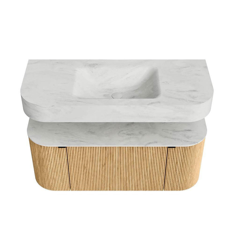 MONDIAZ THOR-DLUX 110cm meuble de salle de bains arrondi gauche + droite couleur Oak avec 1 tiroir et 2 portes. Vasque suspendue CLOUD Milieu sans trou de robinet couleur Opalo. SW1462753