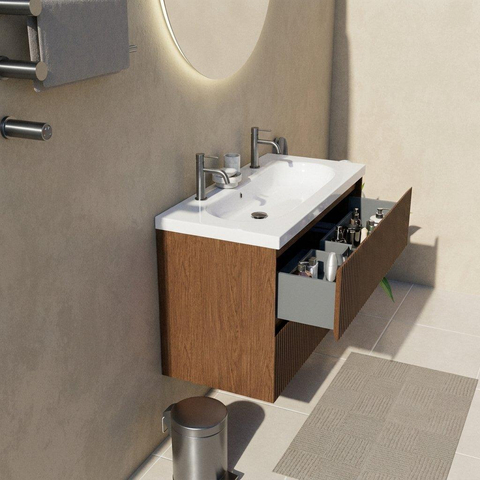 Saniclass Holz Atelier Ensemble meuble de salle de bains - 100x45x63.5cm - lavabo Palermo en céramique blanc - 1 vasque - 2 trous de robinetterie - 2 tiroirs - mat walnut pure (bois) SW1478623