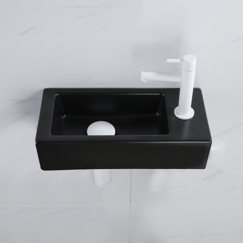 QeramiQ Fuente pack lave-mains – 37,5 x 18,5 x 9 cm – céramique noir mat – perçage à droite – robinet blanc mat SW1232740