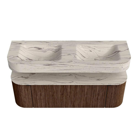 MONDIAZ THOR-DLUX 140cm meuble de salle de bains arrondi gauche + droite couleur Walnut avec 1 tiroir et 2 portes. Vasque suspendue CLOUD Double sans trou de robinet couleur Nata. SW1464419