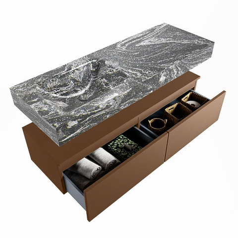 Mondiaz ALAN-DLUX Ensemble de meuble - 130cm - meuble Rust mat - 2 tiroirs - Lavabo Cloud Lava suspendu - vasque Gauche - 1 trou de robinet SW808345