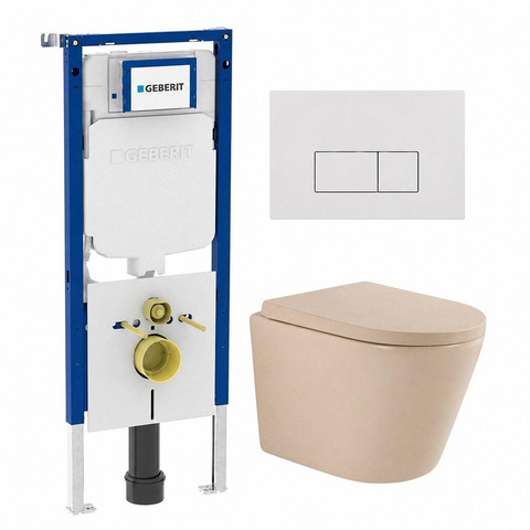QeramiQ Dely Toiletset - 36.3x51.7cm - diepspoel - rimless - Geberit UP720 inbouwreservoir - softclose toilet zitting - 35mm - glans witte bedieningsplaat - rechthoekige knoppen - mat beige SW1427089