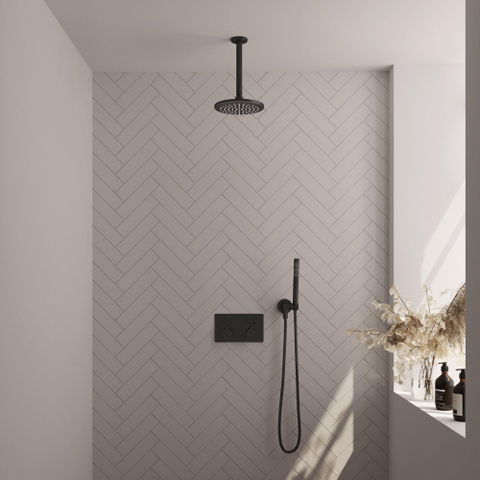 BRAUER Black Edition Douche de pluie thermostatique encastrée - boutons-poussoirs - SET 53 - douche de tête 20 cm - bras de plafond - douchette à main barre - flexible de douche - coude de raccordement mural - noir mat SW925421