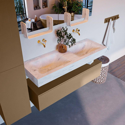 Mondiaz ALAN-DLUX Ensemble de meuble - 130cm - meuble Oro mat - 1 tiroir - Lavabo Cloud Opalo suspendu - vasque Gauche et droite - 0 trous de robinet SW806872