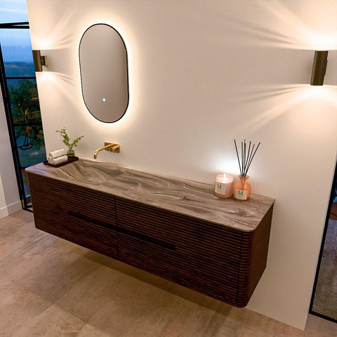 Mondiaz CIRO-DLUX Ensemble de meubles de salle de bains - 180x45x50cm - vasque solid surface Sombra - 1 bassin à gauche - sans trous de robinetterie - 4 tiroirs - Noyer SW1530806